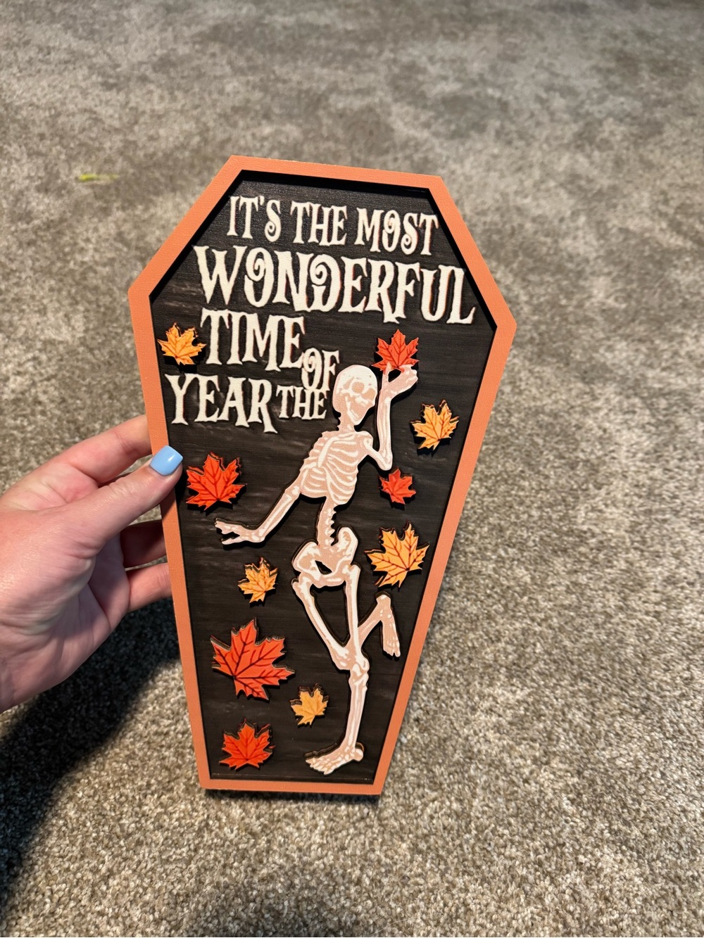 3D Skeleton Coffin Wall Plaque - Orange & Black Fall Decor